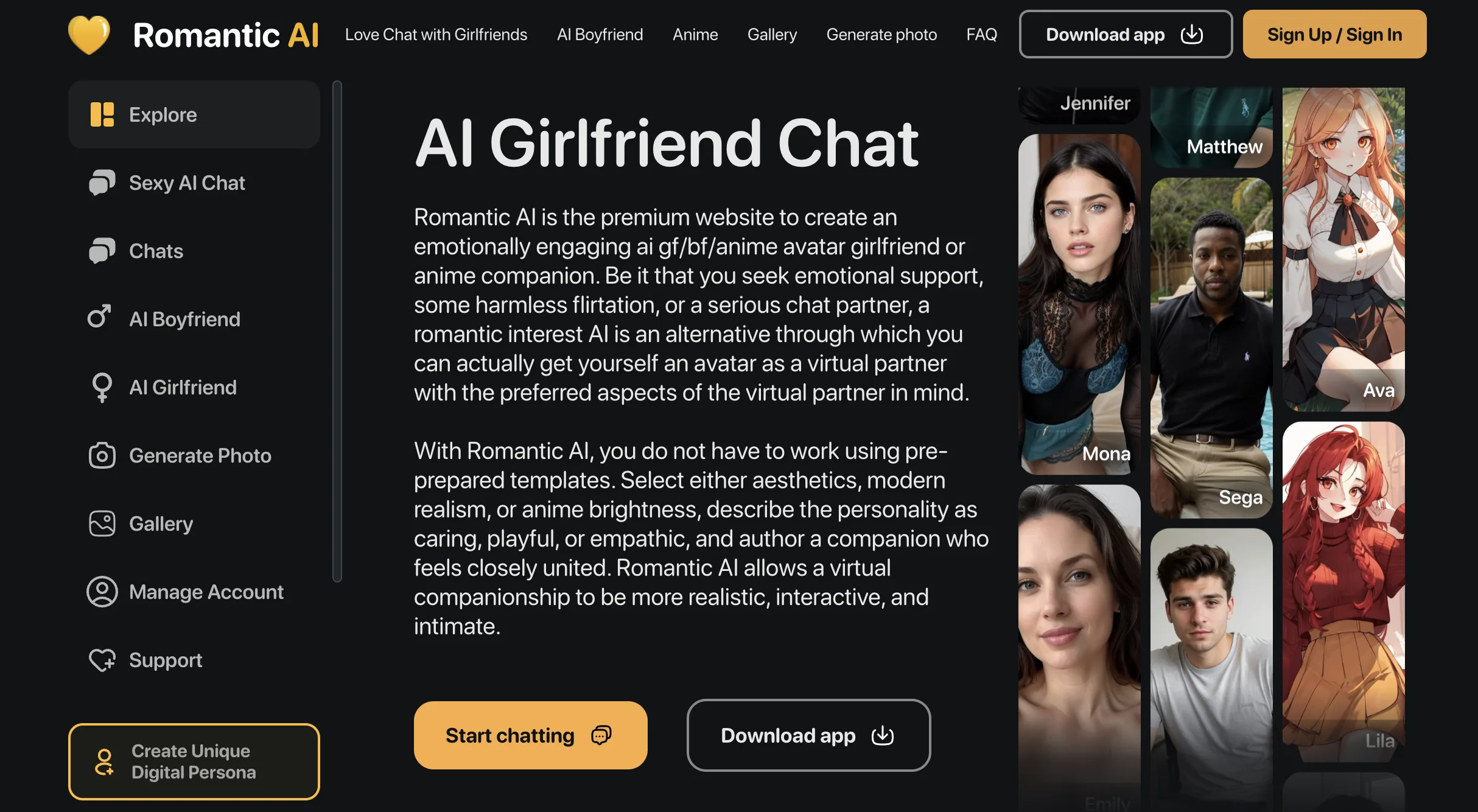 Romantic AI's homepage, with Sexy AI Chat, AI Boyfriend and Generate Photo in the left rail
