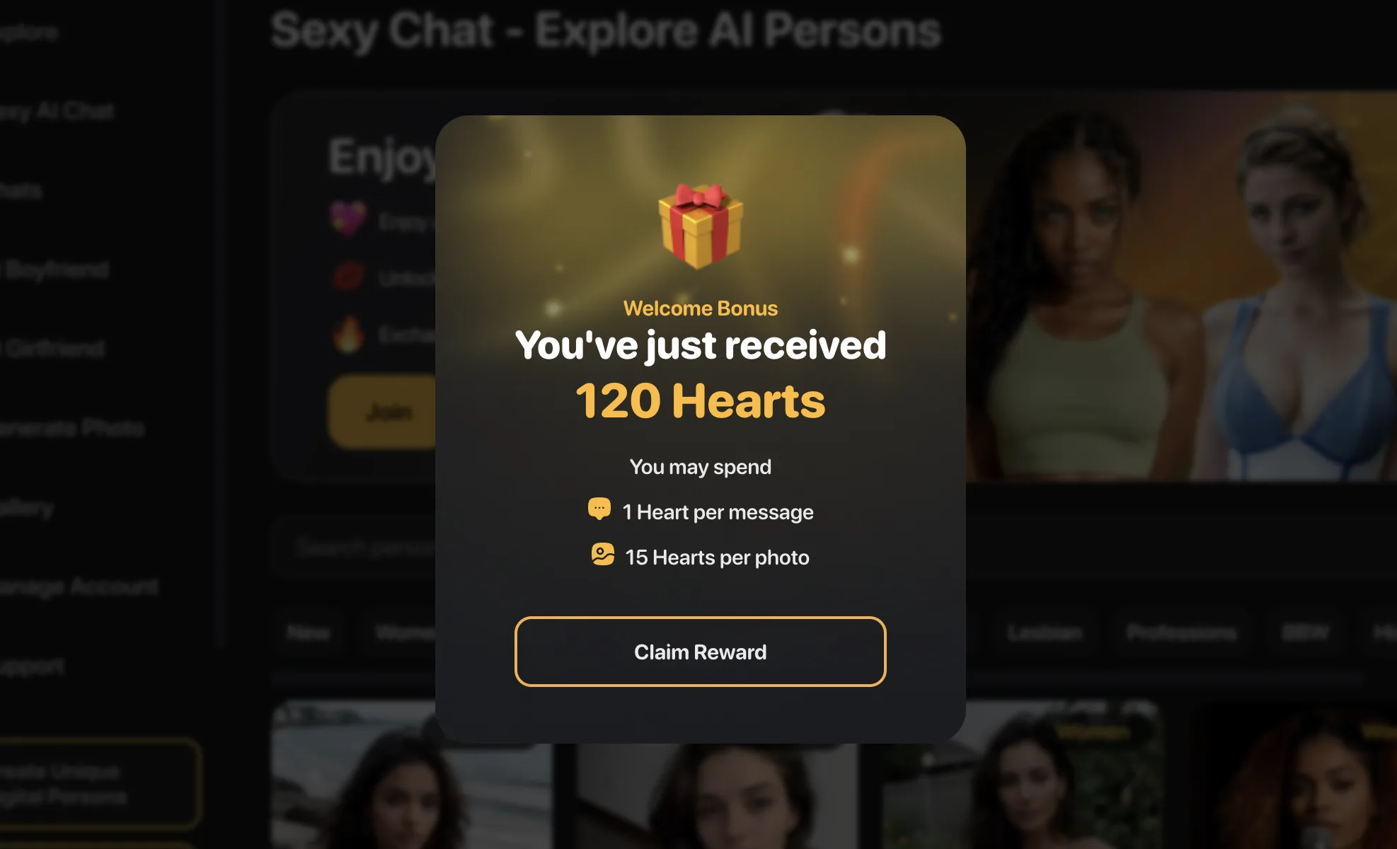 Romantic AI's welcome bonus of 120 Hearts, priced at 1 Heart per message and 15 Hearts per photo