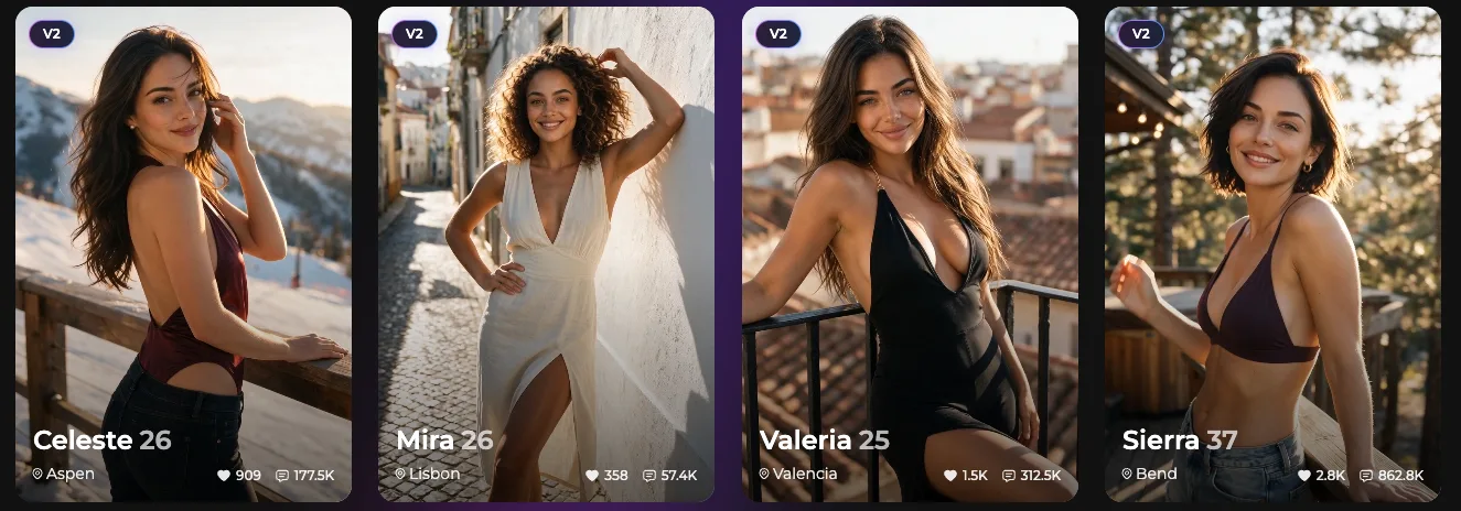 Secrets AI character cards showing each companion's name, age, location, likes and message count