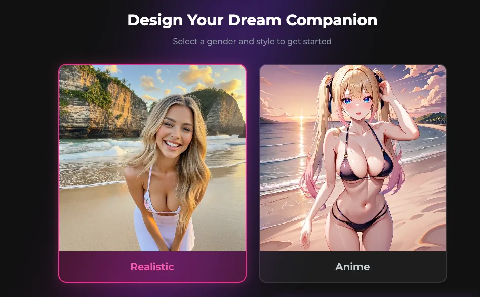 Secrets AI's companion setup, offering a realistic or an anime style before signup