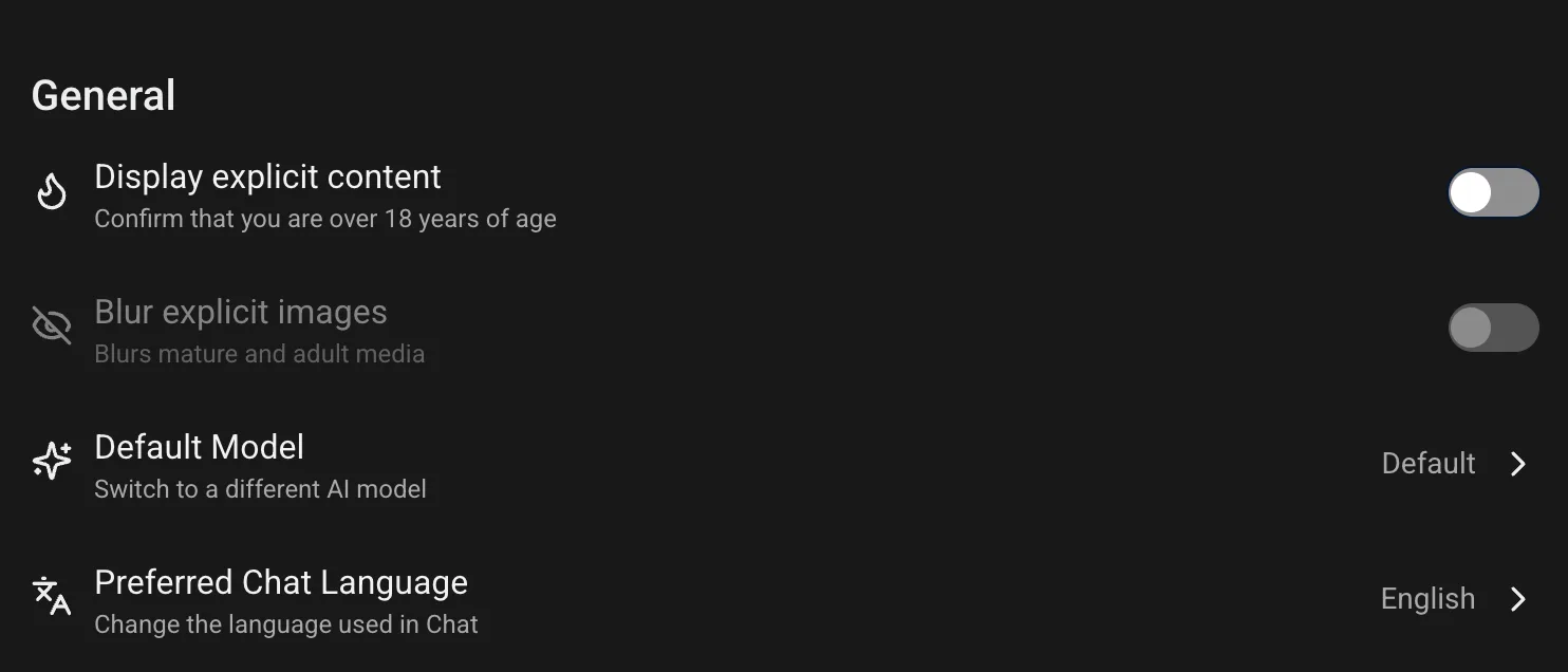 SpicyChat's General settings with the Display explicit content toggle off by default, labelled Confirm that you are over 18 years of age, and a separate Blur explicit images toggle