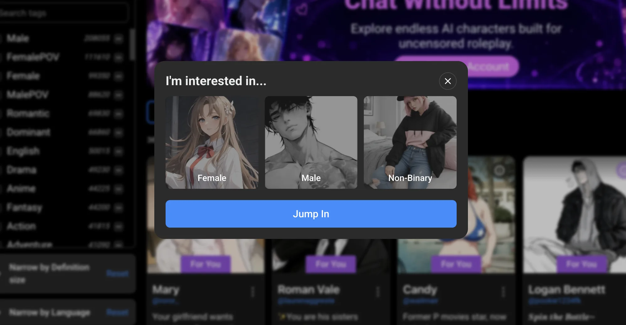SpicyChat's onboarding prompt asking what you are interested in, with Female, Male and Non-Binary options and a Jump In button
