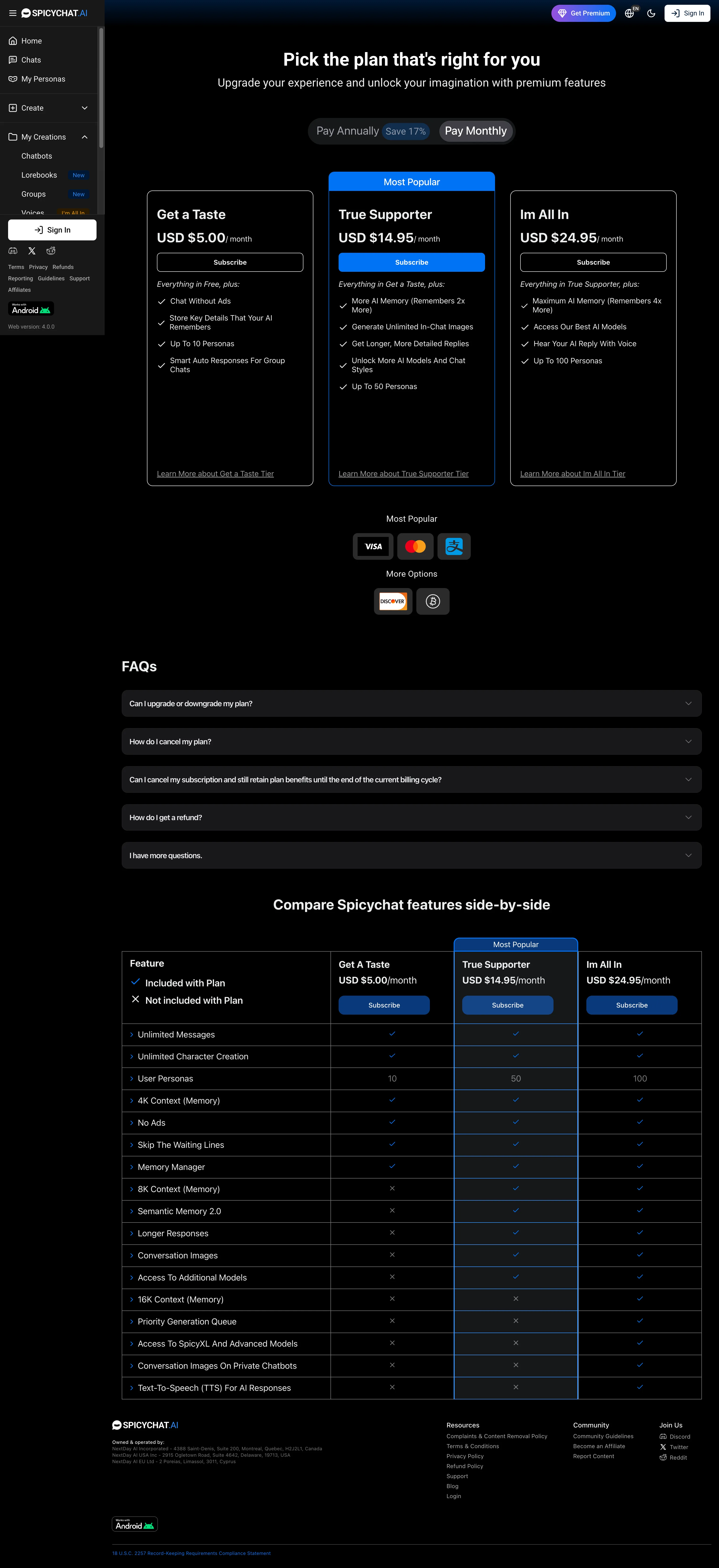SpicyChat's pricing page showing Get a Taste at $5.00, True Supporter at $14.95 and Im All In at $24.95 a month, with a Pay Annually Save 17% toggle