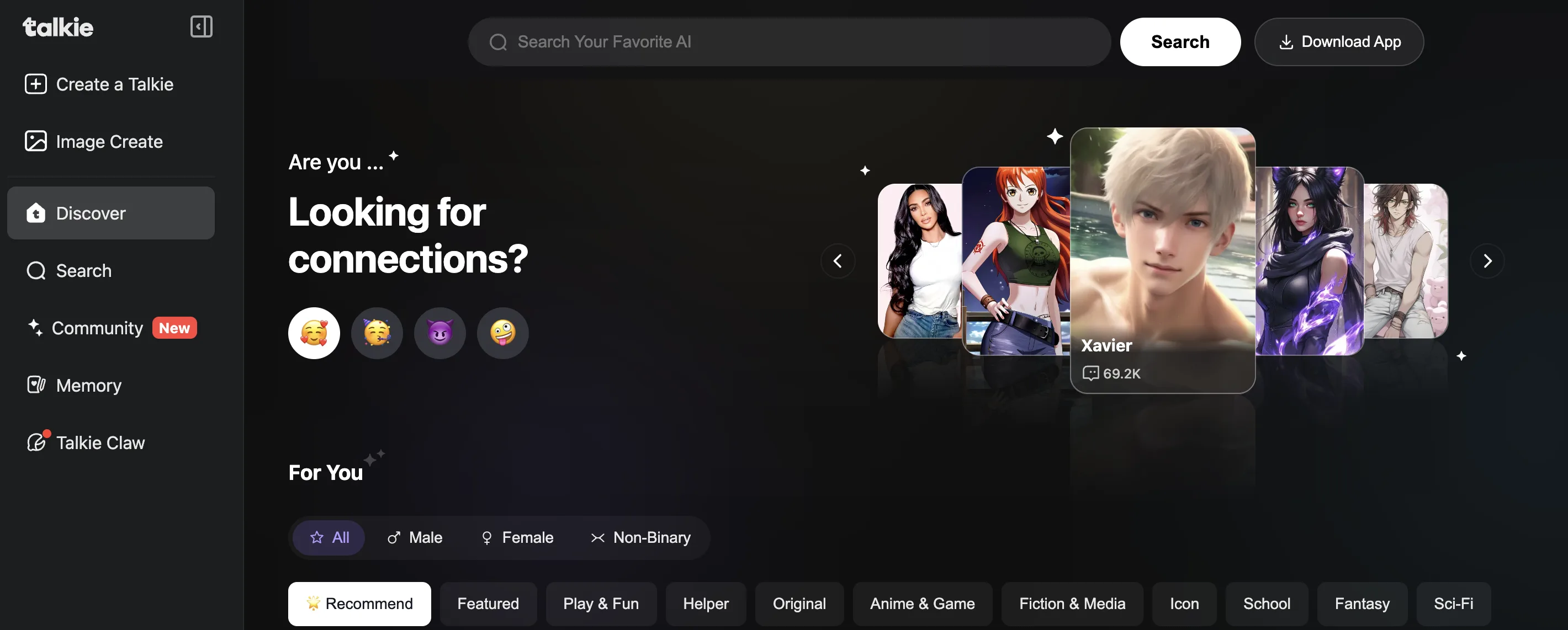 Talkie's Discover page, with its category rail and a For You grid of user-made characters