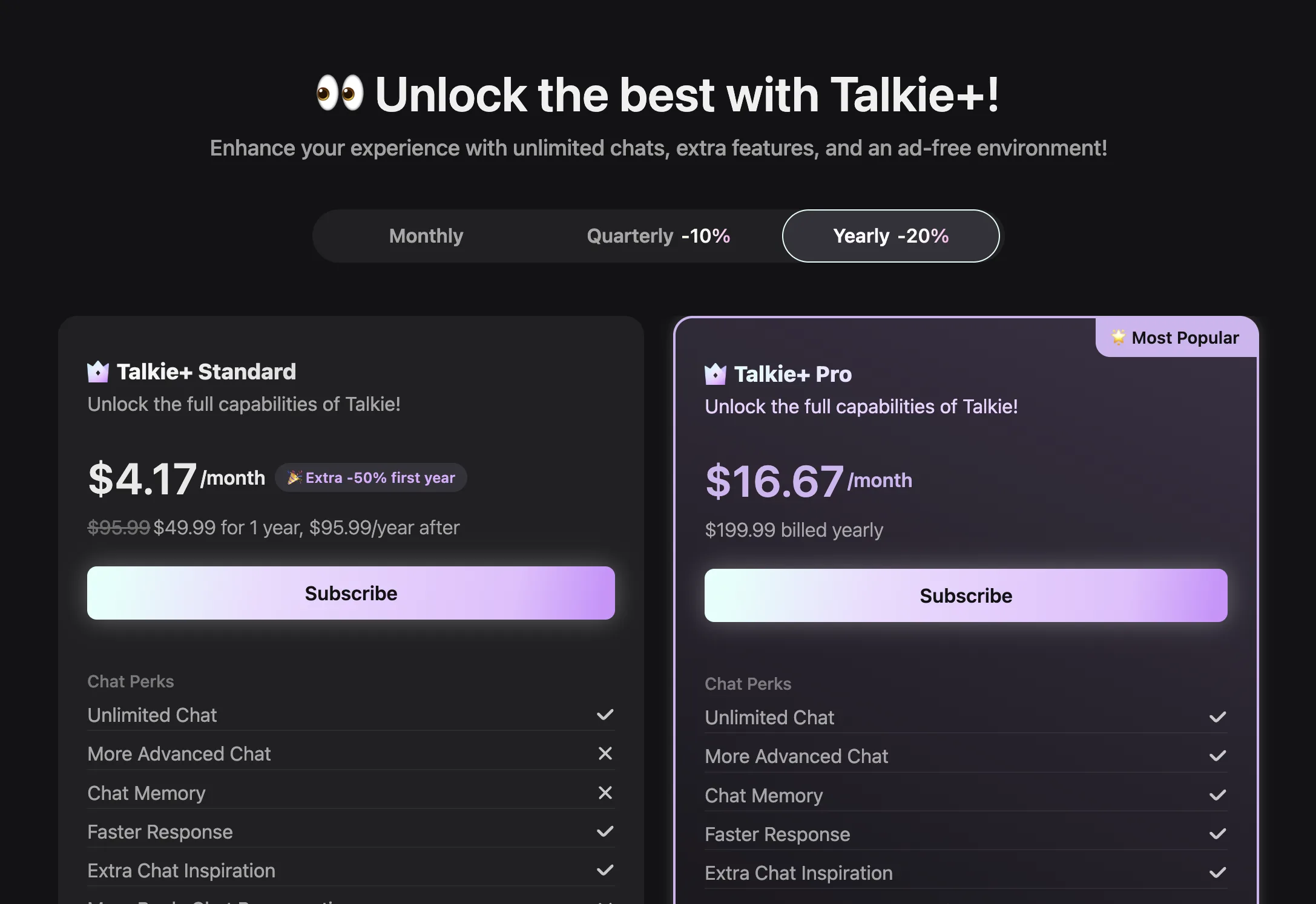 Talkie+ subscribe page showing Standard at $49.99 for the first year and $95.99 a year after, beside Pro at $199.99 a year