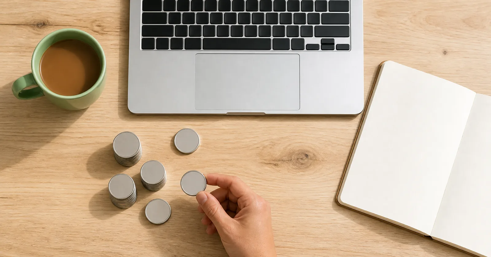 Coins, a laptop and an open notebook on a wooden desk, seen from above