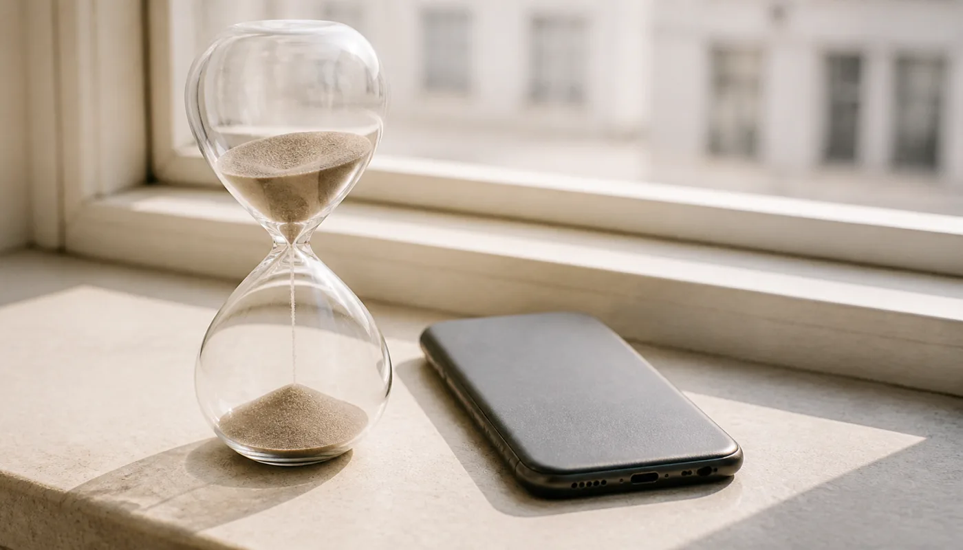 An hourglass beside a phone on a sunlit windowsill, its sand mid-fall