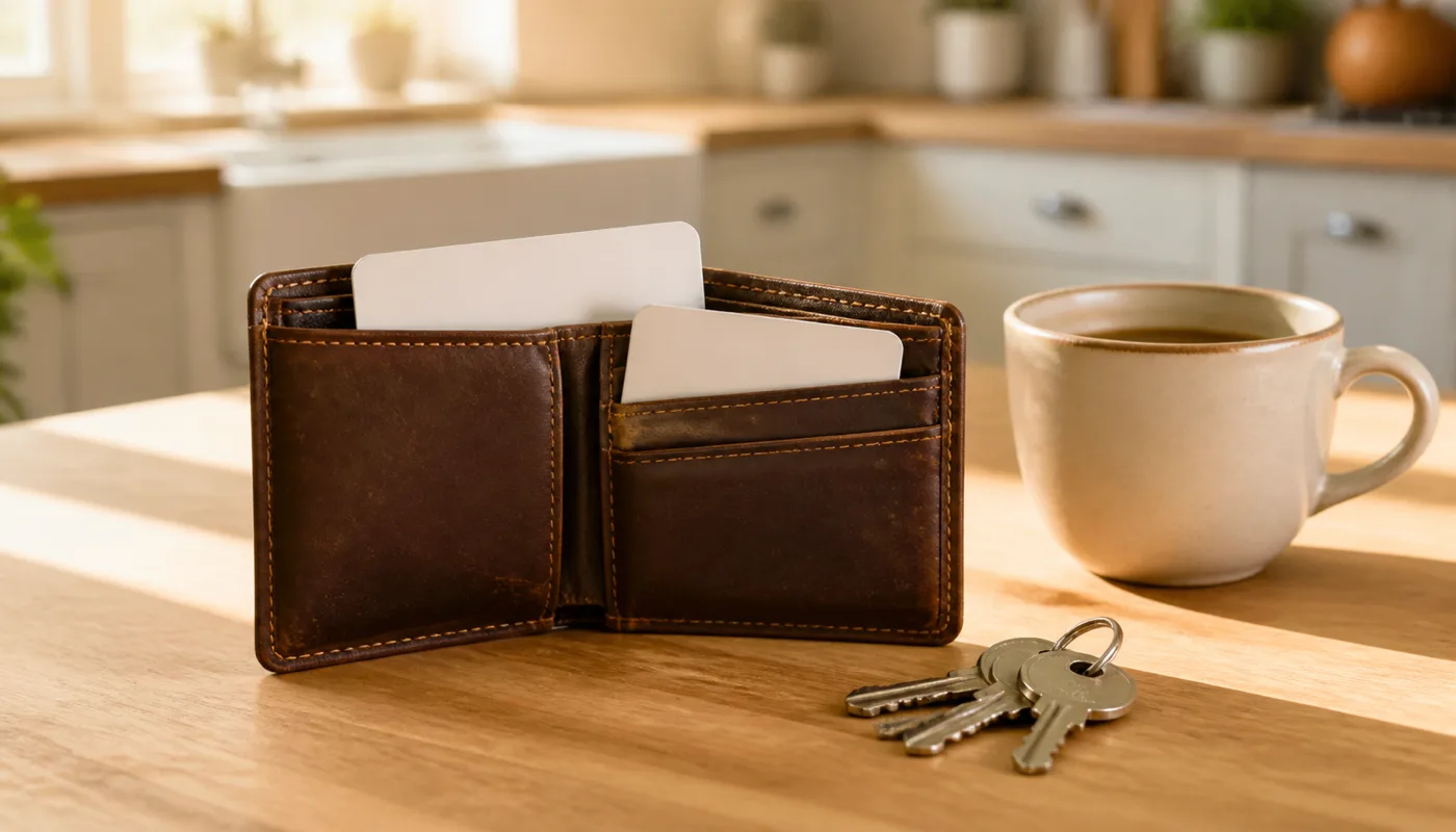 An open wallet, a set of keys and a coffee cup on a bright kitchen table