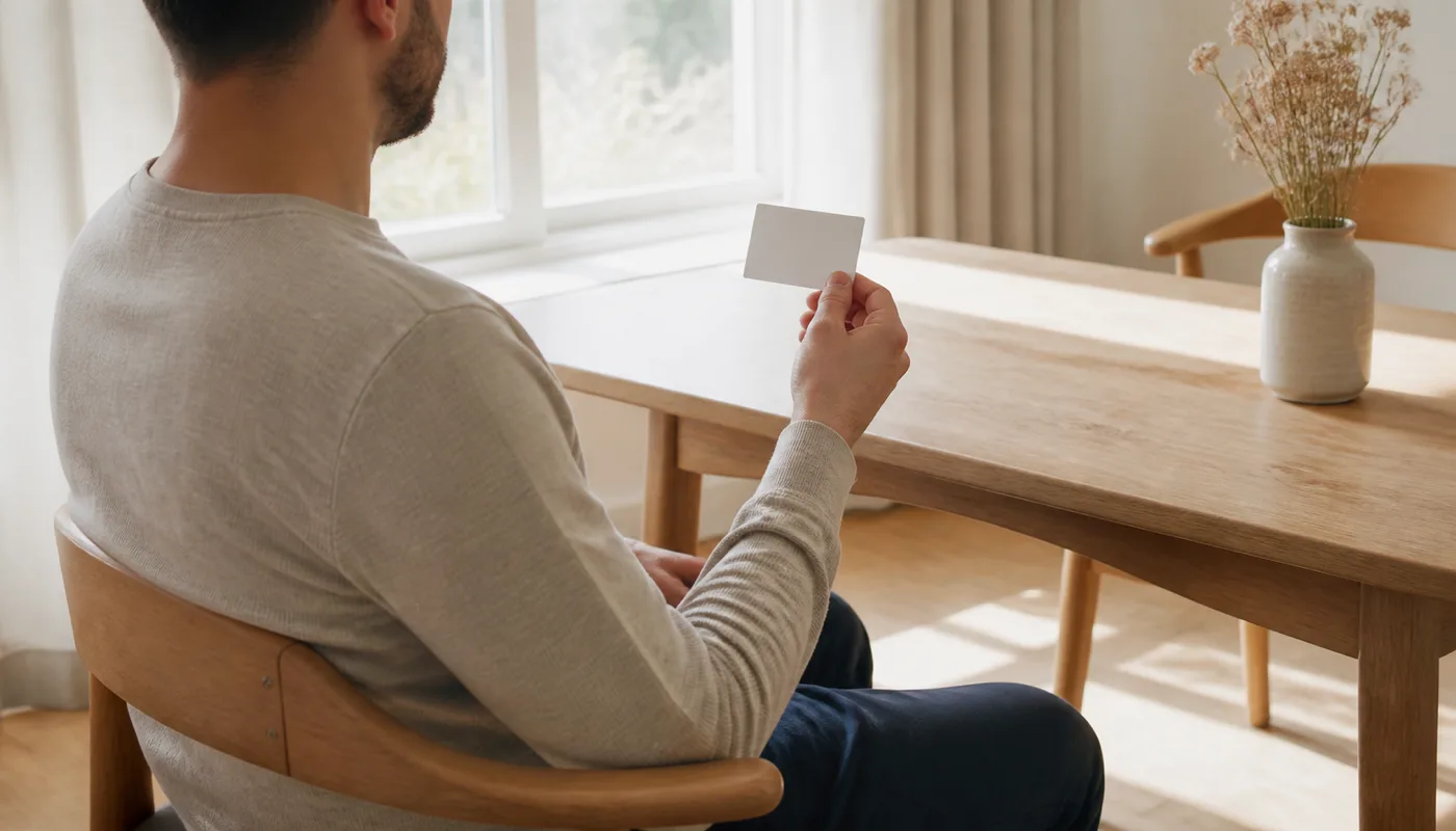A man at a dining table holding an unmarked payment card in morning light