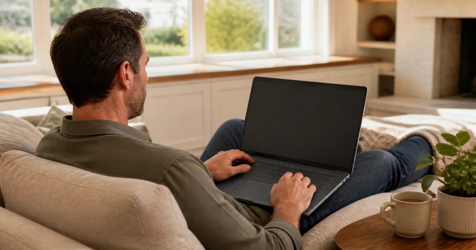 A man on a sofa with a laptop, comparing his options in a sunlit living room