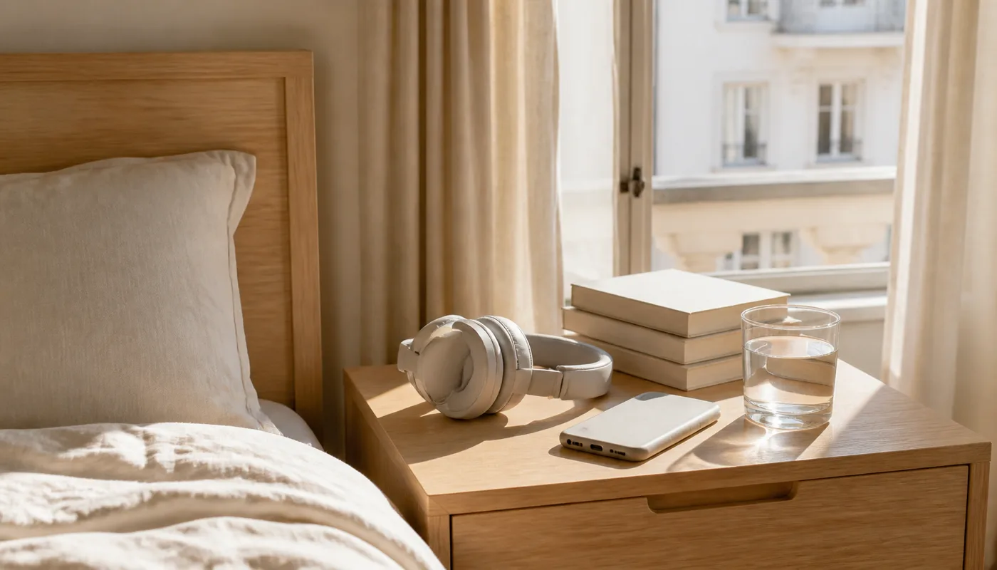 Headphones, a phone and a stack of books on a sunlit bedside table
